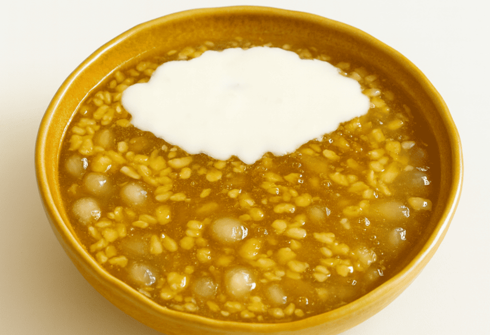 The unique texture of pomelo pulp with chewy-crispy quality contrasting with smooth coconut milk and tender mung beans